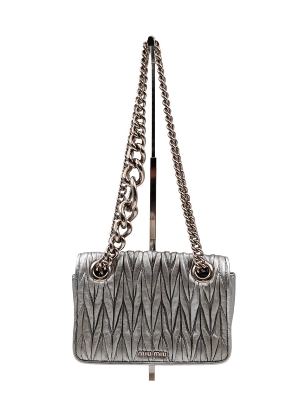 Miu Miu Metallic Silver Quilted Chain Shoulder Bag